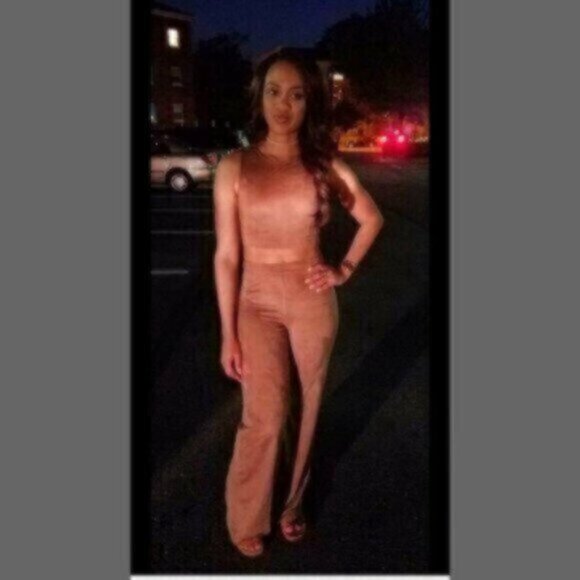 Vintage Mocha Suede Two Piece Pants Set - Crop Top - Picture 4 of 4